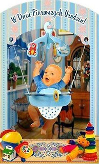 Karnet składany 3D - W Dniu 1 Urodzin. niebieski