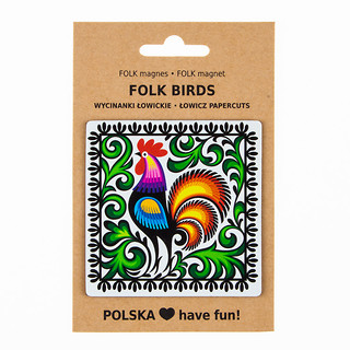 Biały folk magnes FOLK BIRDS - tradycyjna wycinanka łowicka z kogutem