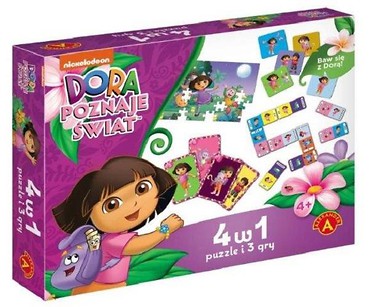 Gra 4w1 DORA Poznaje Świat Puzzle i 3 gry ALEX